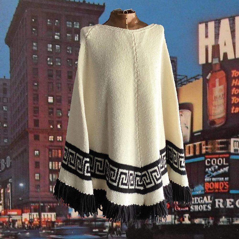 60s Handmade Geometric Cream White Black Knit Poncho